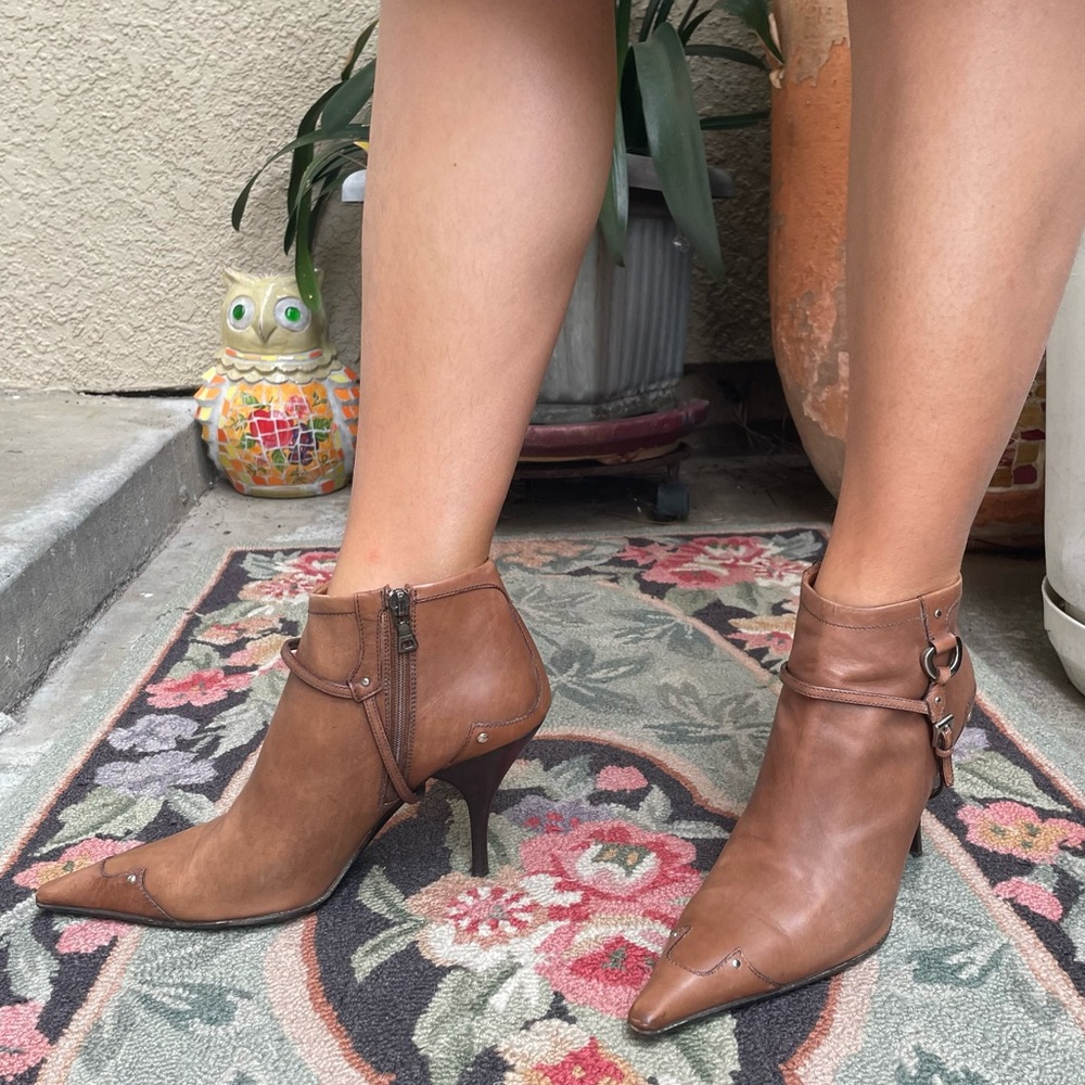 Vintage tan/silver Prada distressed leather booties